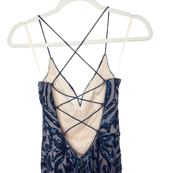 LULUS NWOT Ruby Navy Blue Sequin Lace-Up Maxi Ball Gown Slit Open Back Dress XS - Picture 7 of 11